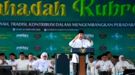 Presiden Prabowo Subianto memberikan sambutan saat menghadiri Mujahadah Kubro dalam rangka hari lahir Satu Abad Nahdlatul Ulama (NU) di Stadion Gajayana, Kota Malang, Jawa Timur, Minggu (8/2/2026). (Foto: Antara/Tera Nusantara.com)
