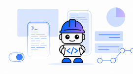 Cute robot developer with UI elements
