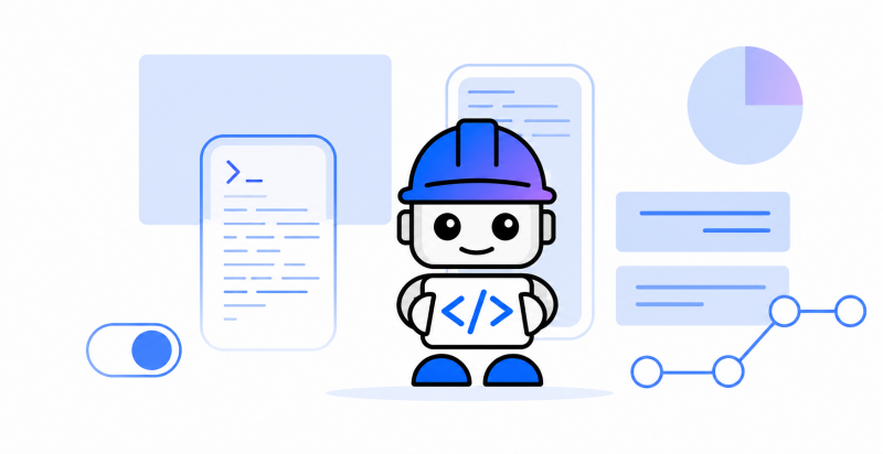 Cute robot developer with UI elements